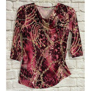 Simonton Says Shirt XS Gold Chain Pink Snake‎ Print Ruched Side Top 8456
